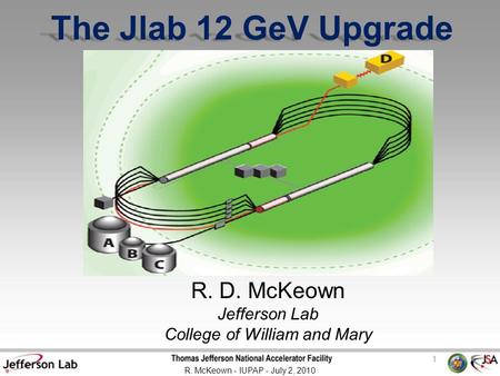 R. D. McKeown Jefferson Lab College of William and Mary The Jlab 12 GeV Upgrade 1 R. McKeown - IUPAP - July 2, 2010.