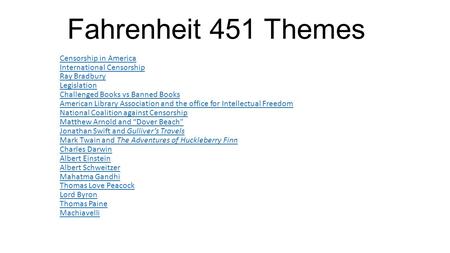 Fahrenheit 451 Themes Censorship in America International Censorship Ray Bradbury Legislation Challenged Books vs Banned Books American Library Association.