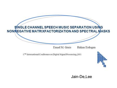 SINGLE CHANNEL SPEECH MUSIC SEPARATION USING NONNEGATIVE MATRIXFACTORIZATION AND SPECTRAL MASKS Jain-De,Lee Emad M. GraisHakan Erdogan 17 th International.