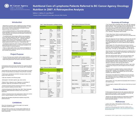 Project Purpose The aim of this study was to identify nutrition related issues for Lymphoma patients and describe current nutritional care at BCCA to support.