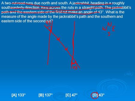 A two-rut road runs due north and south. A jackrabbit, heading in a roughly southeasterly direction, runs across the ruts in a straight path. The jackrabbit’s.