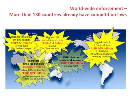 World-wide enforcement – More than 130 countries already have competition laws Highest individual UK fine to date GBP122 million in Aug 2008 (BA, fuel.