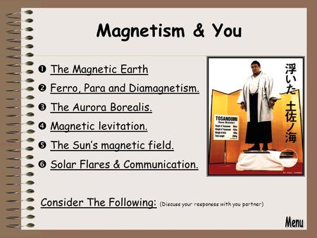 Magnetism & You  The Magnetic EarthThe Magnetic Earth  Ferro, Para and Diamagnetism.Ferro, Para and Diamagnetism.  The Aurora Borealis.The Aurora Borealis.