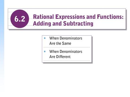 Example Add. Simplify the result, if possible. a)b) Solution a) b) Combining like terms Factoring Combining like terms in the numerator.