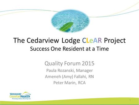 The Cedarview Lodge CLeAR Project Success One Resident at a Time Quality Forum 2015 Paula Rozanski, Manager Ameneh (Amy) Fallahi, RN Peter Marin, RCA 1.