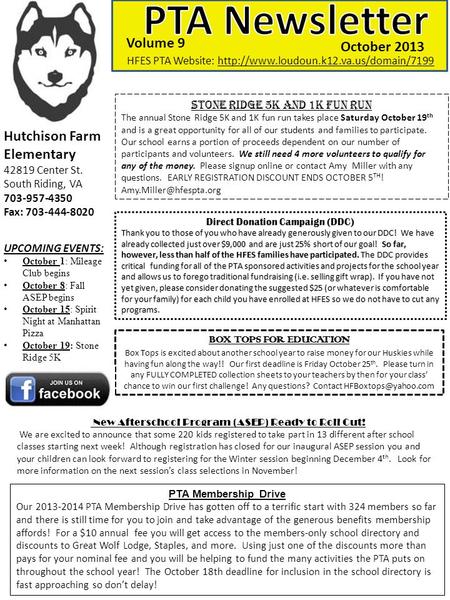 Hutchison Farm Elementary 42819 Center St. South Riding, VA 703-957-4350 Fax: 703-444-8020 UPCOMING EVENTS: October 1: Mileage Club begins October 8: Fall.