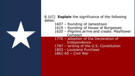 8. 1(C) Explain the significance of the following dates: