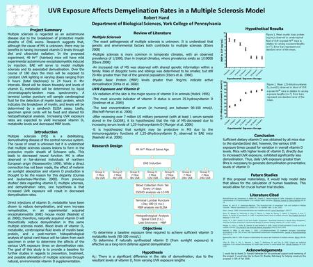 UVR Exposure Affects Demyelination Rates in a Multiple Sclerosis Model Robert Hand Department of Biological Sciences, York College of Pennsylvania Project.