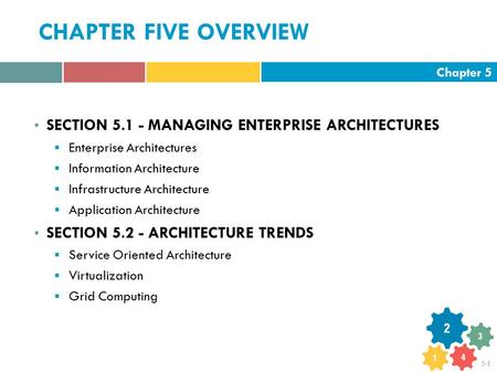 Chapter 5 5-1 CHAPTER FIVE OVERVIEW SECTION 5.1 - MANAGING ENTERPRISE ARCHITECTURES  Enterprise Architectures  Information Architecture  Infrastructure.