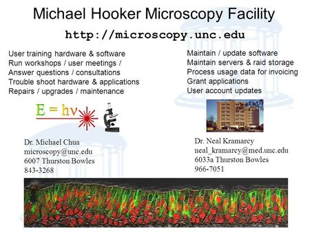 Michael Hooker Microscopy Facility Dr. Michael Chua 6007 Thurston Bowles 843-3268  Dr. Neal Kramarcy