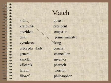 Match král queen královna president prezident emperor císař prime minister vynálezce king předseda vlády general generál chancellor kancléř inventor válečník.