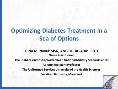 Optimizing Diabetes Treatment in a Sea of Options Lucia M. Novak MSN, ANP-BC, BC-ADM, CDTC Nurse Practitioner The Diabetes Institute, Walter Reed National.