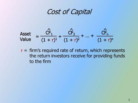 Cost of Capital = Asset Value CF 1 (1 + r) 1 ^ + CF 2 (1 + r) 2 ^ + … + CF n (1 + r) n ^ r = firm’s required rate of return, which represents the return.