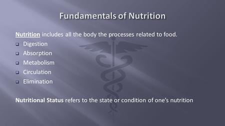 Nutrition includes all the body the processes related to food.  Digestion  Absorption  Metabolism  Circulation  Elimination Nutritional Status refers.