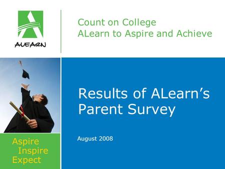 Count on College ALearn to Aspire and Achieve Aspire Inspire Expect Results of ALearn’s Parent Survey August 2008.