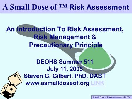 A Small Dose of Risk Assessment – 2/27/04 An Introduction To Risk Assessment, Risk Management & Precautionary Principle A Small Dose of ™ Risk Assessment.