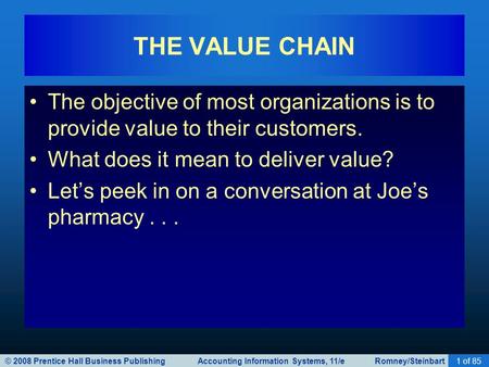 © 2008 Prentice Hall Business Publishing Accounting Information Systems, 11/e Romney/Steinbart1 of 85 The objective of most organizations is to provide.