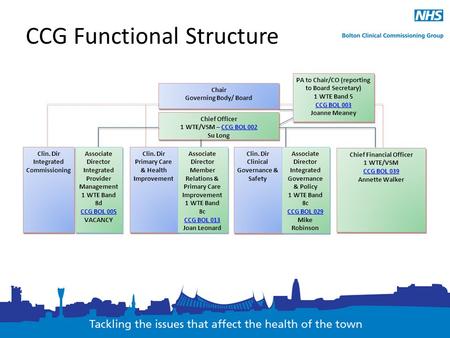 CCG Functional Structure Chair Governing Body/ Board Chair Governing Body/ Board Chief Officer 1 WTE/VSM – CCG BOL 002CCG BOL 002 Su Long Chief Officer.