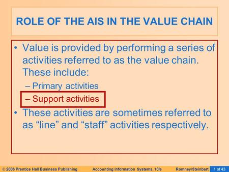 © 2006 Prentice Hall Business Publishing Accounting Information Systems, 10/e Romney/Steinbart1 of 43 Value is provided by performing a series of activities.