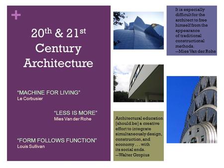 + 20 th & 21 st Century Architecture It is especially difficult for the architect to free himself from the appearance of traditional constructional methods.