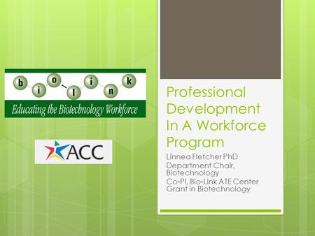 Professional Development In A Workforce Program Linnea Fletcher PhD Department Chair, Biotechnology Co-PI, Bio-Link ATE Center Grant in Biotechnology.