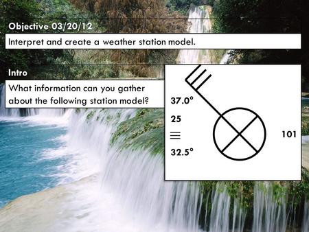 IntroIntro Objective 03/20/12 Interpret and create a weather station model. What information can you gather about the following station model? 101 25 32.5°