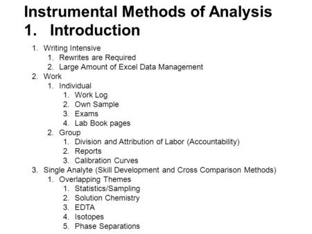 Instrumental Methods of Analysis 1. Introduction 1.Writing Intensive 1.Rewrites are Required 2.Large Amount of Excel Data Management 2.Work 1.Individual.