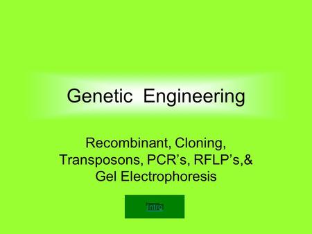 Genetic Engineering Recombinant, Cloning, Transposons, PCR’s, RFLP’s,& Gel Electrophoresis Intro.