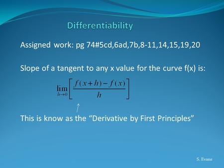 Assigned work: pg 74#5cd,6ad,7b,8-11,14,15,19,20 Slope of a tangent to any x value for the curve f(x) is: This is know as the “Derivative by First Principles”