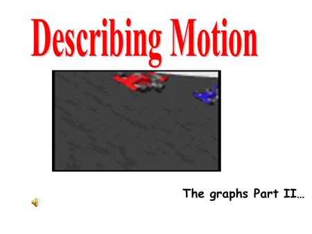 The graphs Part II…. The slope of a position vs time graph is? The slope of part 1? The slope of part 2? The velocity in interval 3? Velocity + 2 m/s.