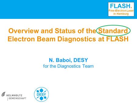 FLASH. Free-Electron Laser in Hamburg Overview and Status of the Standard Electron Beam Diagnostics at FLASH N. Baboi, DESY for the Diagnostics Team.