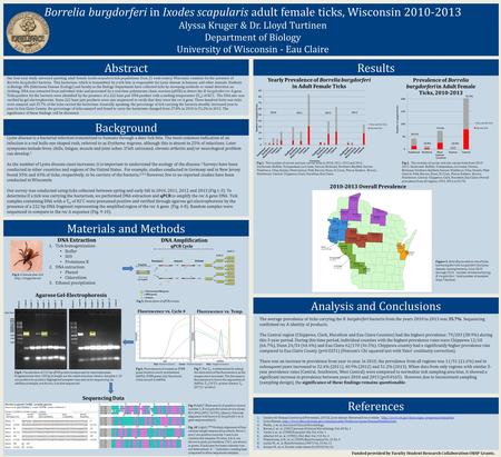 Abstract Results Borrelia burgdorferi in Ixodes scapularis adult female ticks, Wisconsin 2010-2013 Alyssa Kruger & Dr. Lloyd Turtinen Department of Biology.