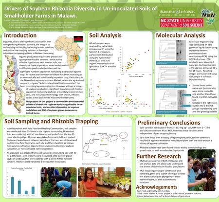 Drivers of Soybean Rhizobia Diversity in Un-inoculated Soils of Smallholder Farms in Malawi. Parr M 1, Shumba L 2, Snapp S 3, and Grossman J 1. 1. Department.