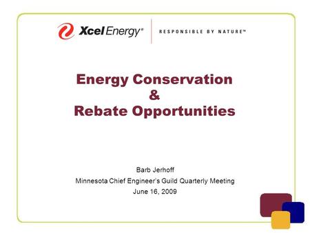 Energy Conservation & Rebate Opportunities Barb Jerhoff Minnesota Chief Engineer’s Guild Quarterly Meeting June 16, 2009.