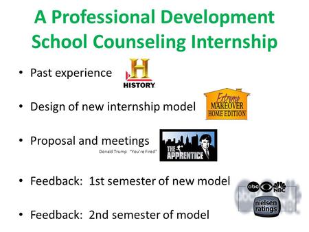 A Professional Development School Counseling Internship Past experience Design of new internship model Proposal and meetings Donald Trump “You’re Fired”