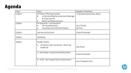 © Copyright 2013 Hewlett-Packard Development Company, L.P. The information contained herein is subject to change without notice. 1 Agenda TimeTopicSpeaker.