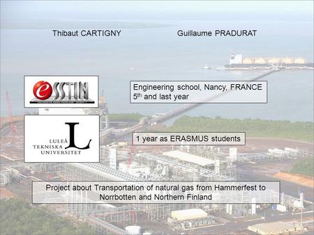 04/10/2007CARTIGNY PRADURAT TEDELID1 Engineering school, Nancy, FRANCE 5 th and last year 1 year as ERASMUS students Project about Transportation of natural.