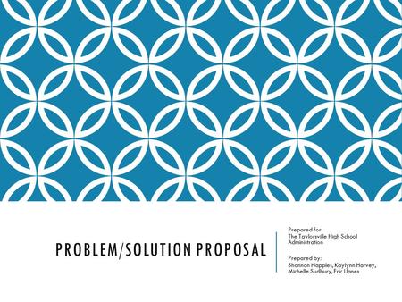 PROBLEM/SOLUTION PROPOSAL Prepared for: The Taylorsville High School Administration Prepared by: Shannon Napples, Kaylynn Harvey, Michelle Sudbury, Eric.