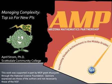 Managing Complexity: Top 10 For New PIs April Strom, Ph.D. Scottsdale Community College This work was supported in part by MSP grant #1103080 through the.