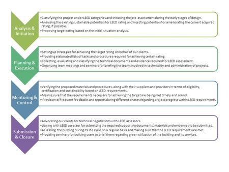 Analysis & Initiation Classifying the project under LEED categories and initiating the pre-assessment during the early stages of design. Analysing the.