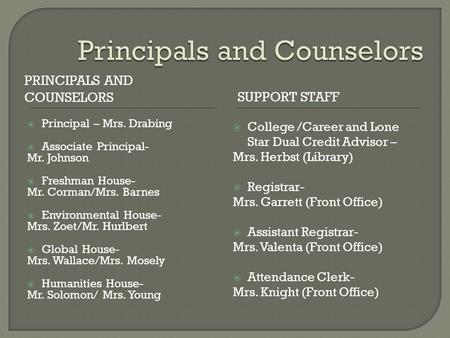 PRINCIPALS AND COUNSELORSSUPPORT STAFF  Principal – Mrs. Drabing  Associate Principal- Mr. Johnson  Freshman House- Mr. Corman/Mrs. Barnes  Environmental.