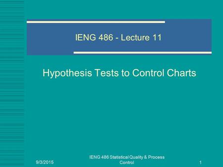 9/3/2015 IENG 486 Statistical Quality & Process Control 1 IENG 486 - Lecture 11 Hypothesis Tests to Control Charts.