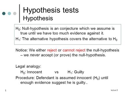 Lecture 8 1 Hypothesis tests Hypothesis H 0 : Null-hypothesis is an conjecture which we assume is true until we have too much evidence against it. H 1.