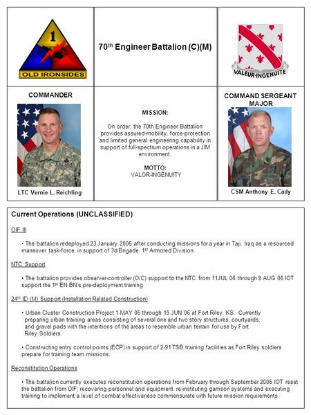 COMMANDER LTC Vernie L. Reichling 70 th Engineer Battalion (C)(M) COMMAND SERGEANT MAJOR CSM Anthony E. Cady MISSION: On order, the 70th Engineer Battalion.