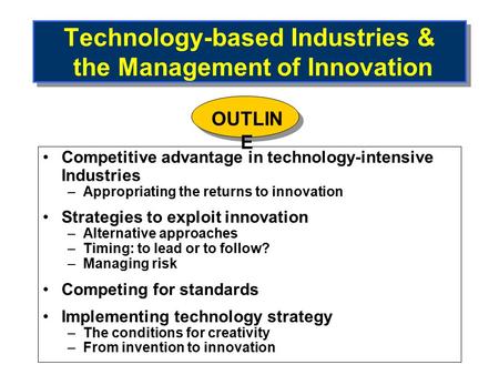 Technology-based Industries & the Management of Innovation Competitive advantage in technology-intensive Industries –Appropriating the returns to innovation.