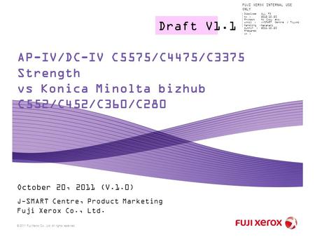 Draft V1.1 AP-IV/DC-IV C5575/C4475/C3375 Strength vs Konica Minolta bizhub C552/C452/C360/C280 October 20, 2011 (V.1.0) J-SMART Centre, Product Marketing.