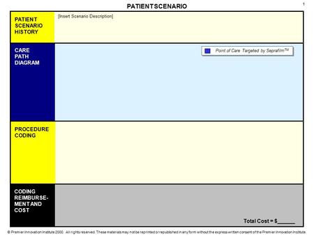 CODING REIMBURSE- MENT AND COST CARE PATH DIAGRAM PROCEDURE CODING PATIENT SCENARIO HISTORY Point of Care Targeted by Seprafilm TM 1 © Premier Innovation.