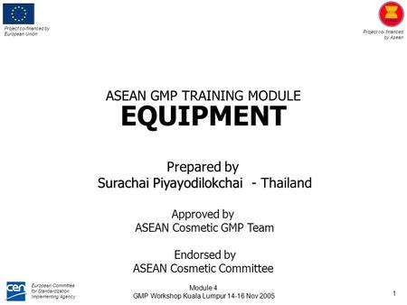 Project co-financed by European Union Project co- financed by Asean European Committee for Standardization Implementing Agency Module 4 GMP Workshop Kuala.