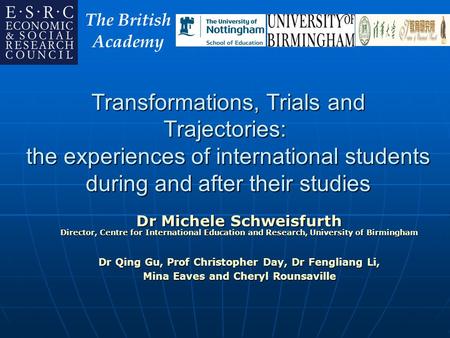 Transformations, Trials and Trajectories: the experiences of international students during and after their studies Dr Michele Schweisfurth Director, Centre.