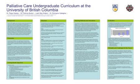 Palliative Care Undergraduate Curriculum at the University of British Columbia Background Philosophy Prior to 1997, palliative care curriculum content.